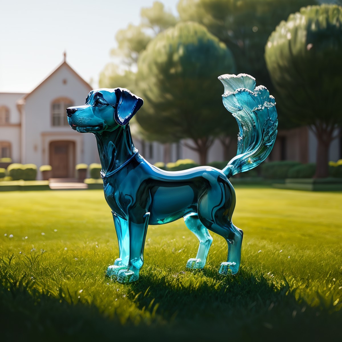 a (blue glaze, transparent:1.1) dog, (solo:1.2), standing in lawn, <lora:colouredglazecd-000006:0.7>, colouredglazecd, no ...